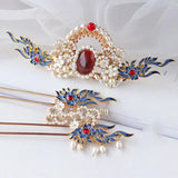 Chinese Antique Headdress Flower Gem Crown & Pearl Tassel Hairpin Set