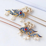 Chinese Antique Headdress Flower Gem Crown & Pearl Tassel Hairpin Set