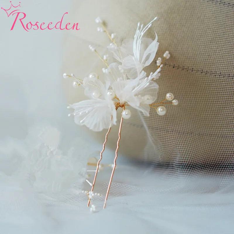 Silk Yarn Flower Pearls Hair Sticks Wedding Hair Pins Clips