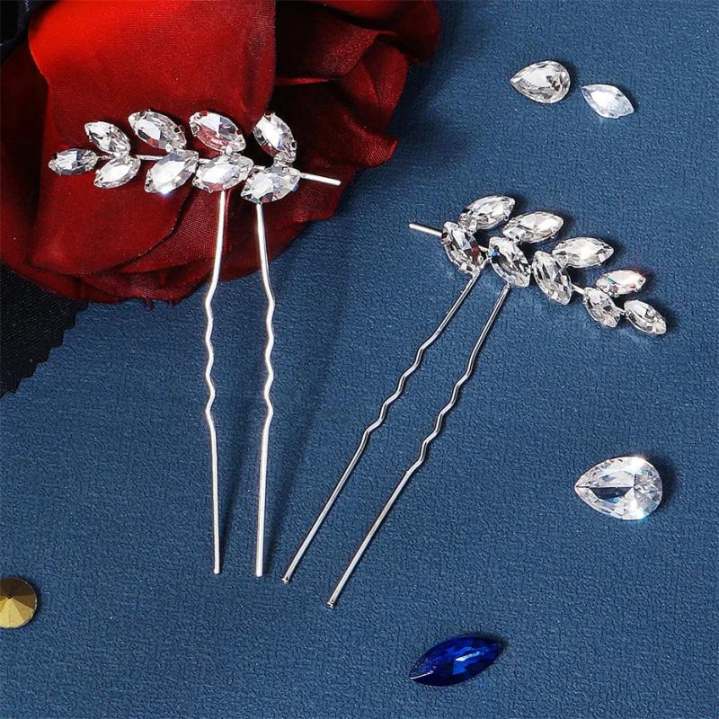 Efily Silver Leaf Crystal Bridal Hair Pins 2pcs/set Wedding Hair Accessories