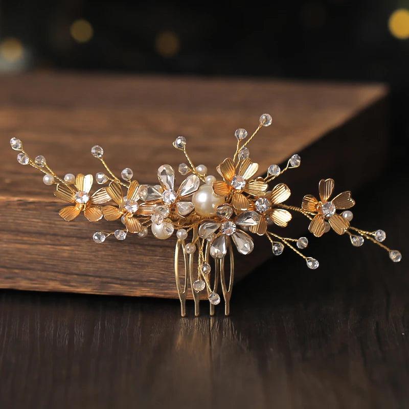 Golden Flowers Crystal Wedding Hair Comb
