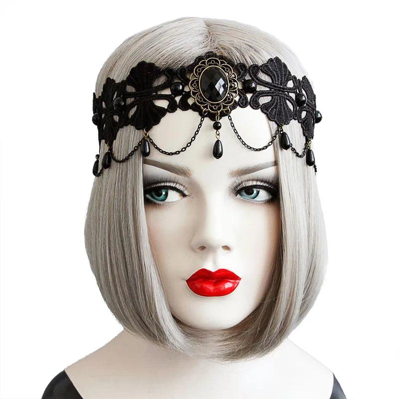 Elastic Crown Flower Lace Headband Faux Pearl Tassel Hairband
