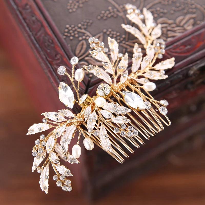Leaf Pearl Rhinestone Bridal Hair Comb Wedding Headpiece