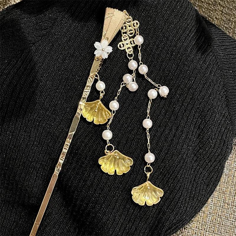 Vintage Chinese Hairpin Ginkgo Biloba Tassel Hair Jewelry Women