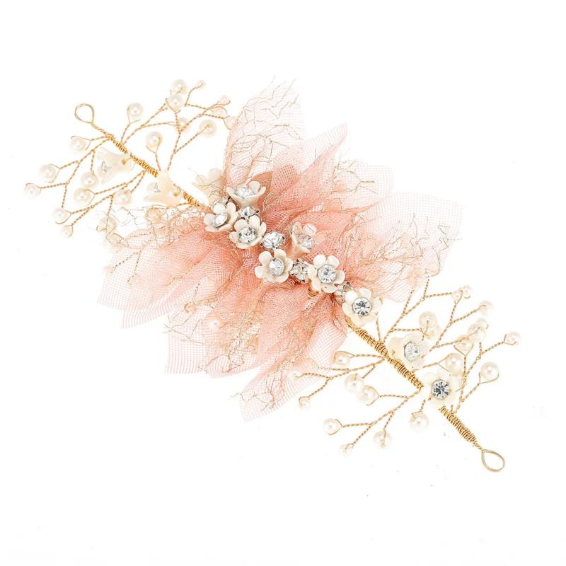 Pink Lace Pearl Crystal Flower Bridal Wedding Headdress Hair Accessories