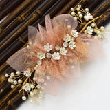 Pink Lace Pearl Crystal Flower Bridal Wedding Headdress Hair Accessories
