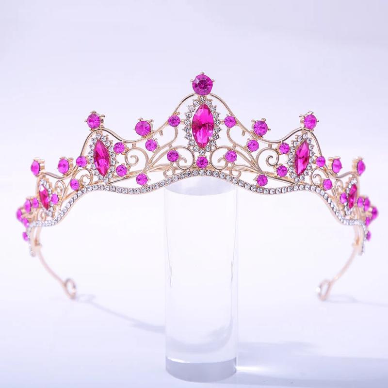 Pink Crystal Wedding Crown Baroque Rhinestone Tiara Bride Party Crowns