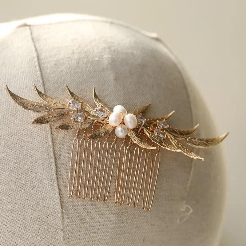 Copper Zircon Bridal Hair Comb Metal Leaf Wedding Headpiece