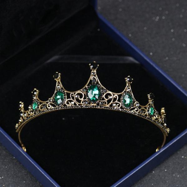 Baroque Green Crystal Crown Bridal Hair Accessories For Wedding Quinceanera
