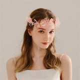Pink Pearl Bridal Hair Accessories Crystal Wedding Floral Crown Tiara
