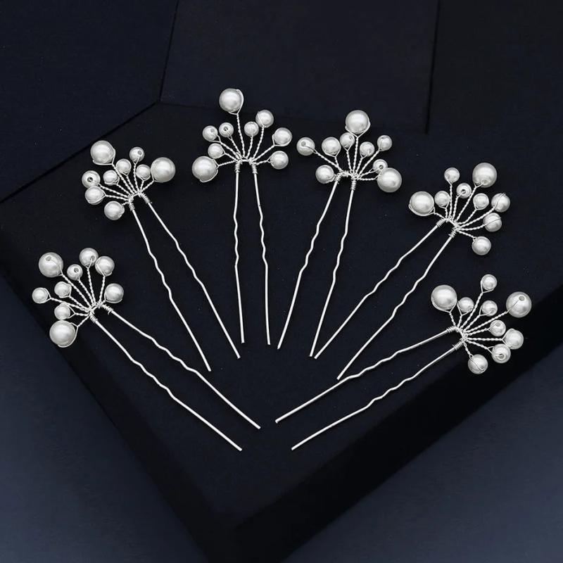 6pcs Silver Pearl Hair Pins for Bride Headpiece