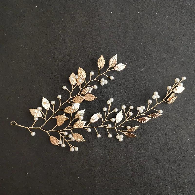 Golden Crystal Rhinestones Pearls Wedding Headband Hair Vine