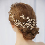 Golden Crystal Rhinestones Pearls Wedding Headband Hair Vine