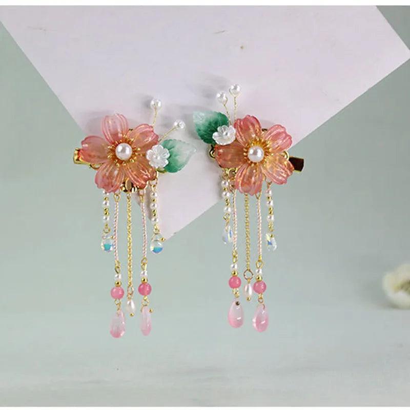 Hanfu Flower Pearl Tassel Hair Clip Headdress