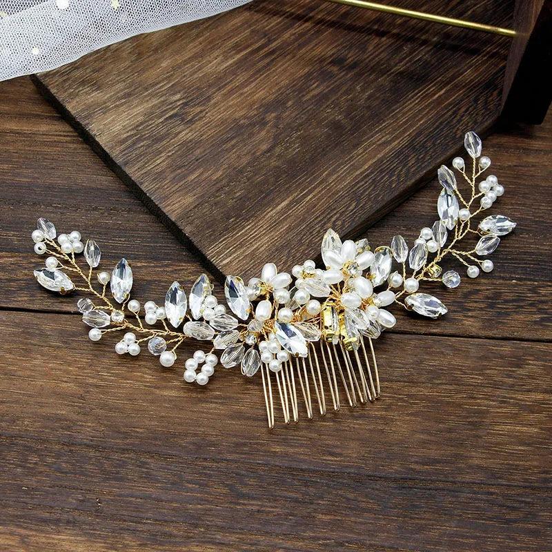 Alloy Crystal Rhinestones Pearls Flower Leaf Bridal Hair comb Wedding Headpieces