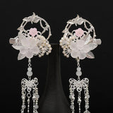 Silver Retro Flower Leaf Pearls Tassel Pendant Chinese Hairpins Clips