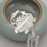 Silver Retro Flower Leaf Pearls Tassel Pendant Chinese Hairpins Clips