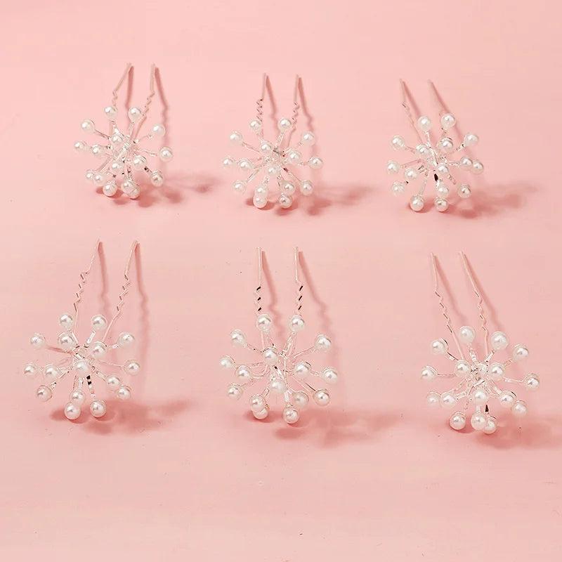 6pcs Pearl Flower Hair Forks Wedding Hairpins Bridal Headwear Jewelry