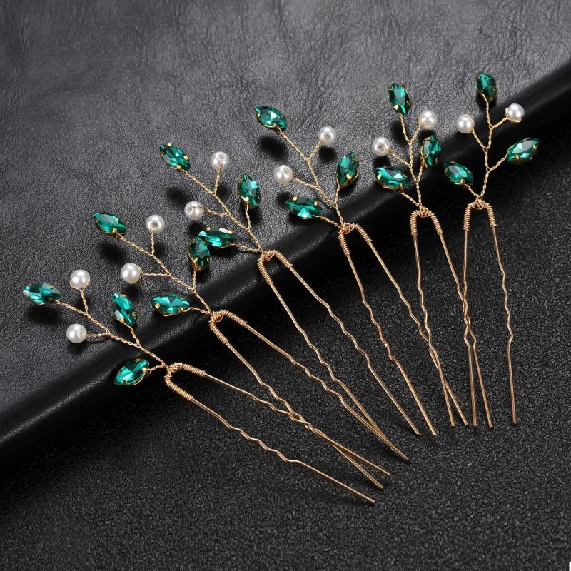 Green Plant Hair Pins Wedding Jewelry Accessories Crystal Head Decoration