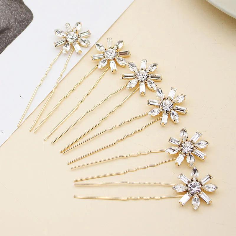 6pcs Flower Austrian Crystal Hairpins Bridal Hair Jewelry