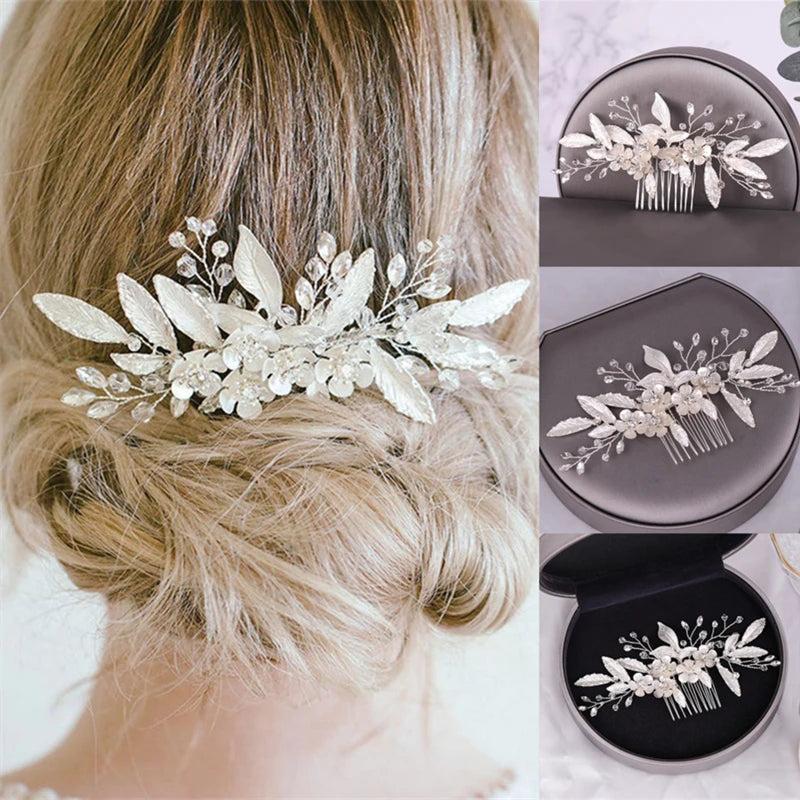 Silver Crystal Leaf Flower Hair Comb Band Bride Bridal Wedding Hair Accessories