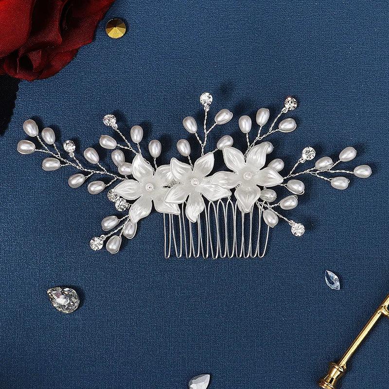 Pearl Flower Bridal Hair Comb - Rhinestone Bride Headpiece