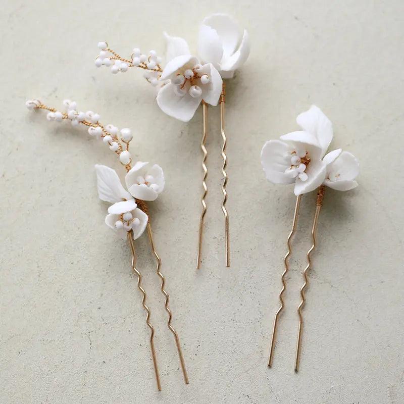 Bridal Ceramic Flower Hairpin Beaded Tiara