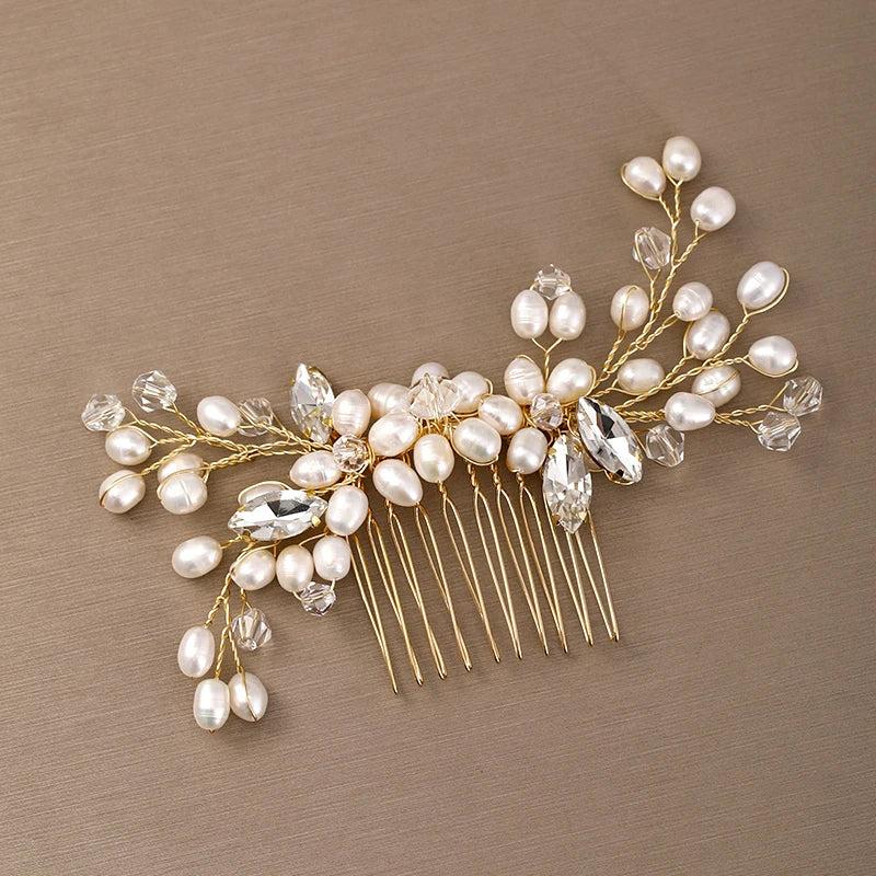 AiliBride Wedding Golden Pearl Hair Comb Rhinestone Bride Headdress