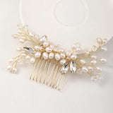 AiliBride Wedding Golden Pearl Hair Comb Rhinestone Bride Headdress