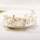 AiliBride Wedding Golden Pearl Hair Comb Rhinestone Bride Headdress