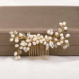 AiliBride Wedding Golden Pearl Hair Comb Rhinestone Bride Headdress