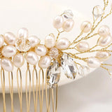 AiliBride Wedding Golden Pearl Hair Comb Rhinestone Bride Headdress