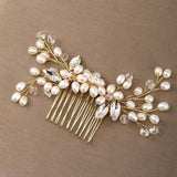 AiliBride Wedding Golden Pearl Hair Comb Rhinestone Bride Headdress