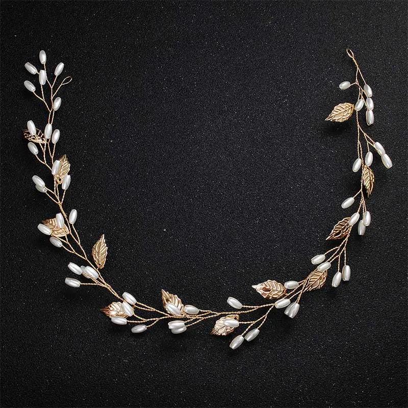 Alloy Leaf Pearls Headband Crown Wedding Hair Vine Jewelry Accessories