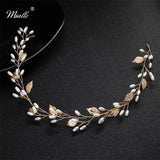 Alloy Leaf Pearls Headband Crown Wedding Hair Vine Jewelry Accessories