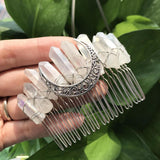 Silvery Moon Wire Wrapped Raw Quartz Point Hair Combs