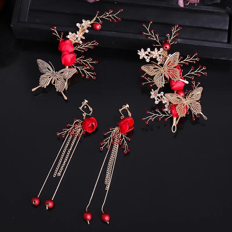 3 Pcs Red Rose Flower Pearl Wedding Hair Accessories Set