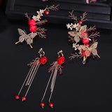 3 Pcs Red Rose Flower Pearl Wedding Hair Accessories Set