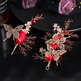 3 Pcs Red Rose Flower Pearl Wedding Hair Accessories Set