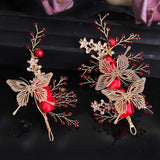 3 Pcs Red Rose Flower Pearl Wedding Hair Accessories Set