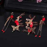 3 Pcs Red Rose Flower Pearl Wedding Hair Accessories Set