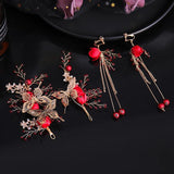 3 Pcs Red Rose Flower Pearl Wedding Hair Accessories Set