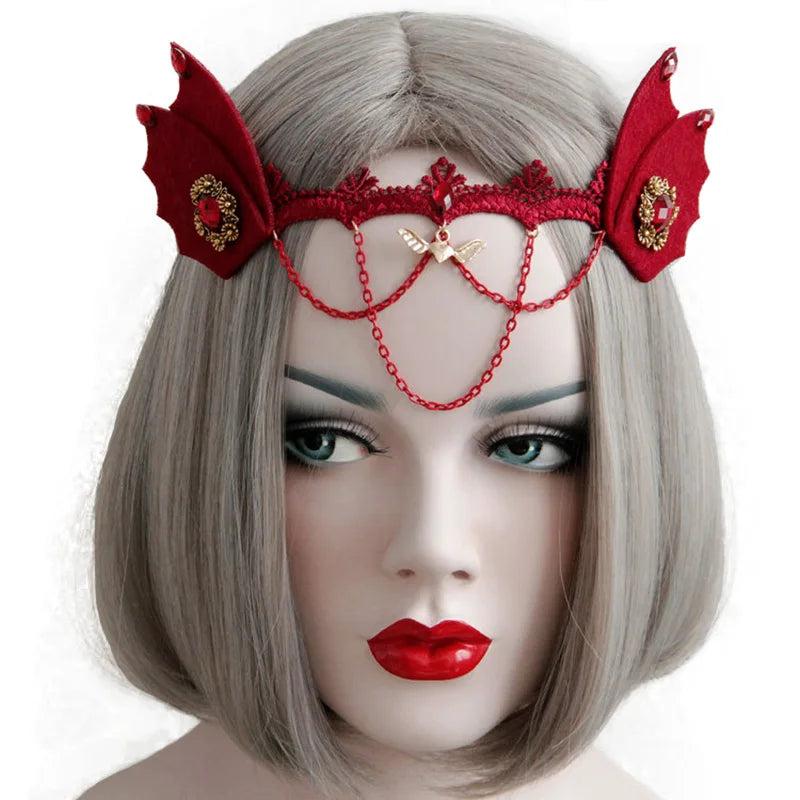 Women Headbands Halloween Red Felt Animal Ears Bat Devil Wings