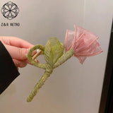 Vintage Rose Barrette Girls Flower Hair Clip Ribbon Wrap Woman Hair Claw