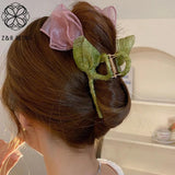Vintage Rose Barrette Girls Flower Hair Clip Ribbon Wrap Woman Hair Claw