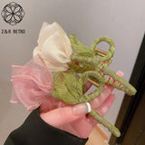 Vintage Rose Barrette Girls Flower Hair Clip Ribbon Wrap Woman Hair Claw