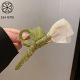 Vintage Rose Barrette Girls Flower Hair Clip Ribbon Wrap Woman Hair Claw
