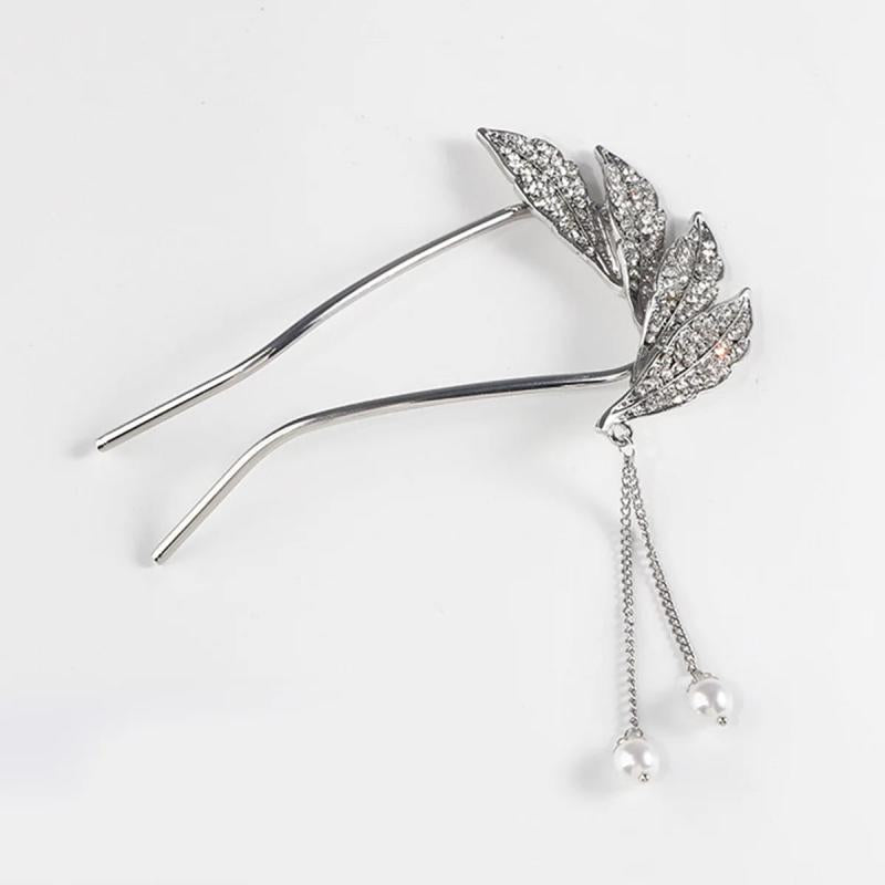 Crystal Leaf Hair Fork U-Shaped Hairpins Silver Hair Clips for Women