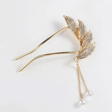Crystal Leaf Hair Fork U-Shaped Hairpins Silver Hair Clips for Women