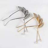 Crystal Leaf Hair Fork U-Shaped Hairpins Silver Hair Clips for Women